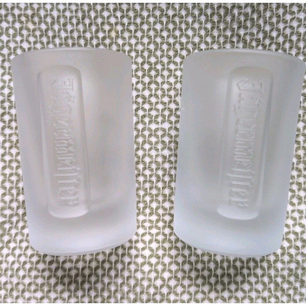 2x Jagermeister Frosted Shot Glass 2cl CE St Hubertus Stag Logo Raised Letters